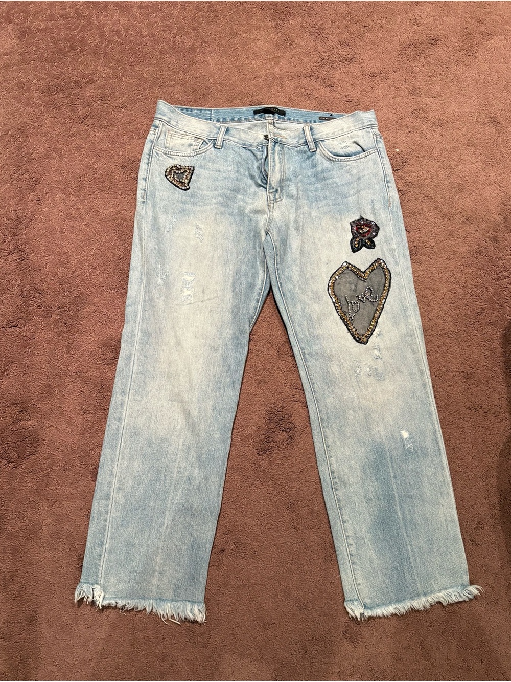 Sanctuary Light Wash Straight Leg Jeans with Embroidered Heart Patches